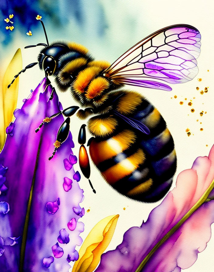 Detailed Illustration of Bee Pollinating Colorful Flowers