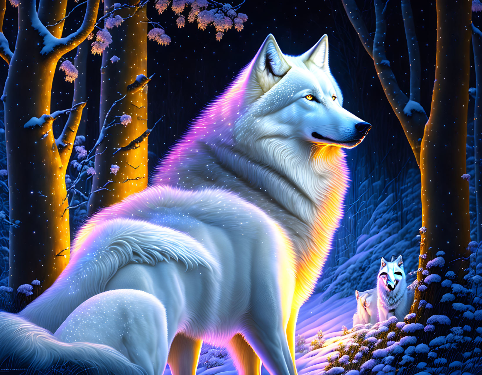 Majestic white wolf in neon-lit snowy forest