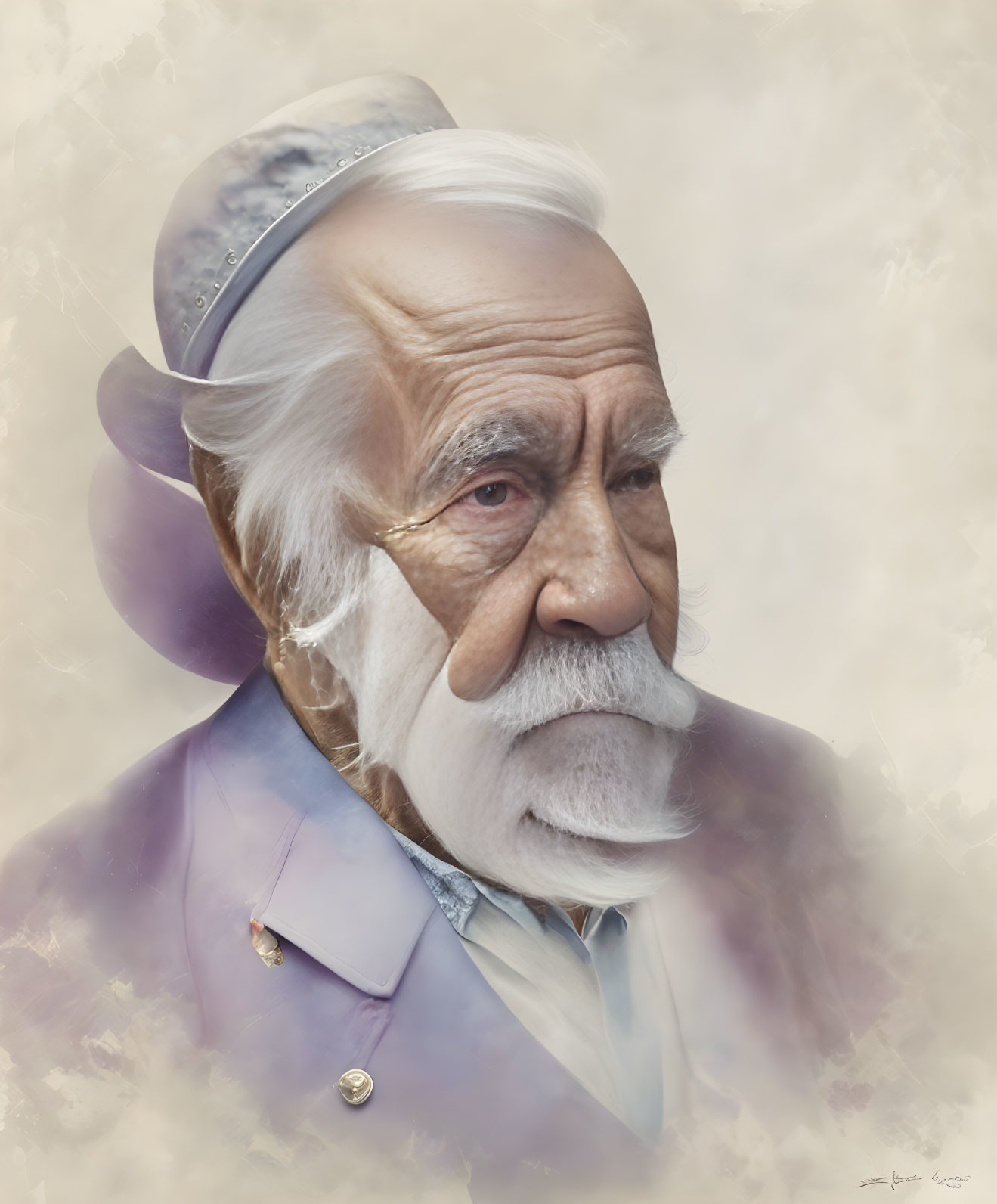 Elderly Man Digital Portrait in Lavender Suit & Flat Cap