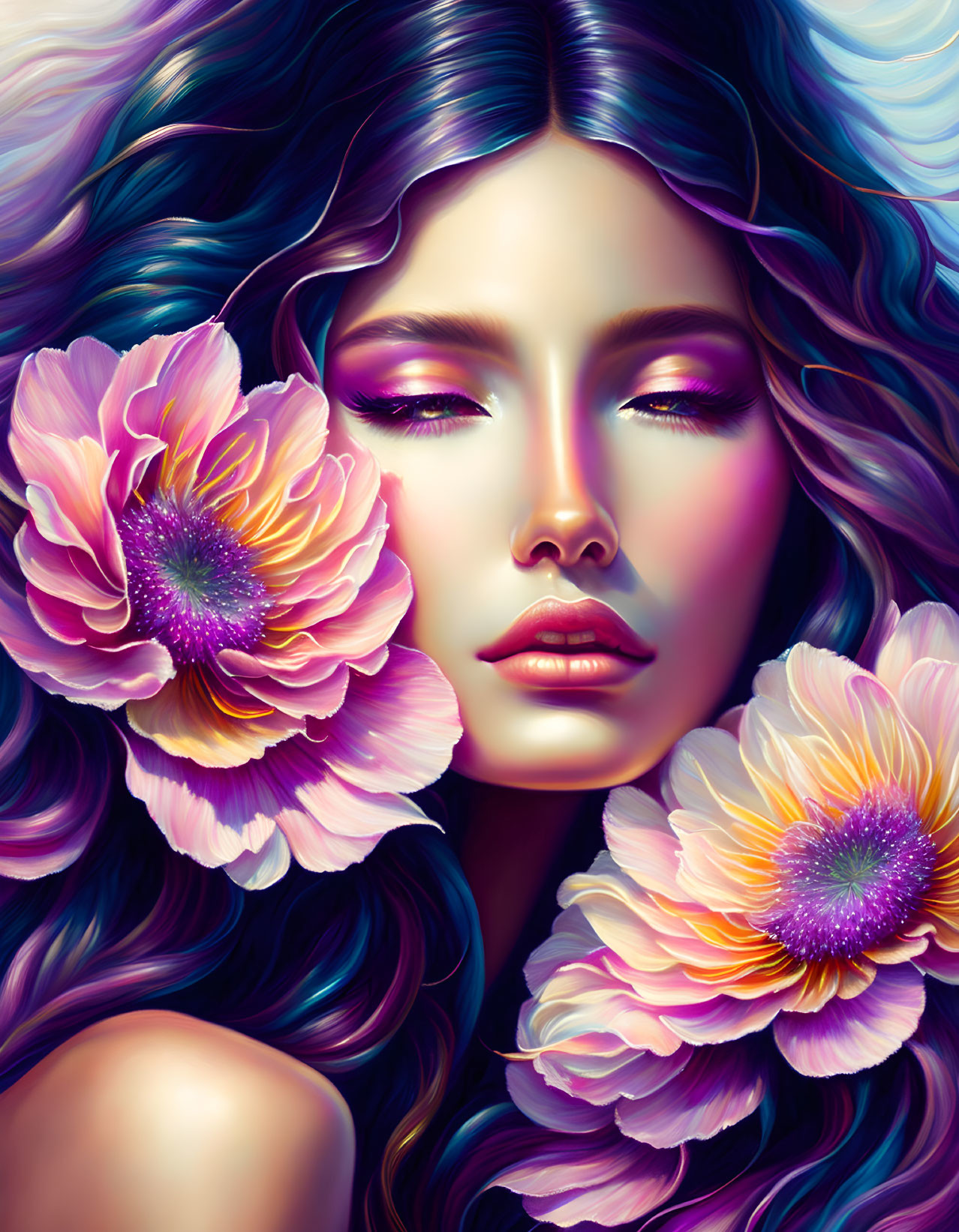 Colorful digital artwork of a woman with flowing hair and pink flowers