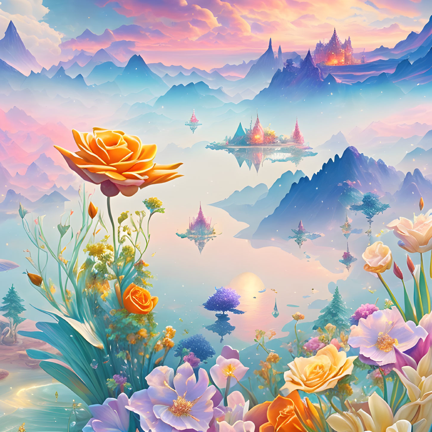 Fantasy landscape with orange flowers, floating islands, and pastel sky