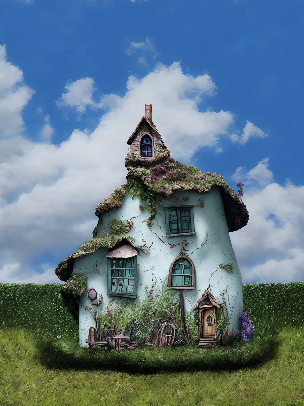 Round Blue Fairytale Cottage Illustration with Thatched Roof