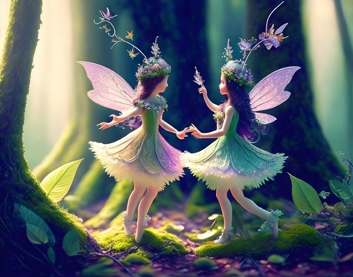 Enchanted forest scene: whimsical fairies with iridescent wings dancing in soft light