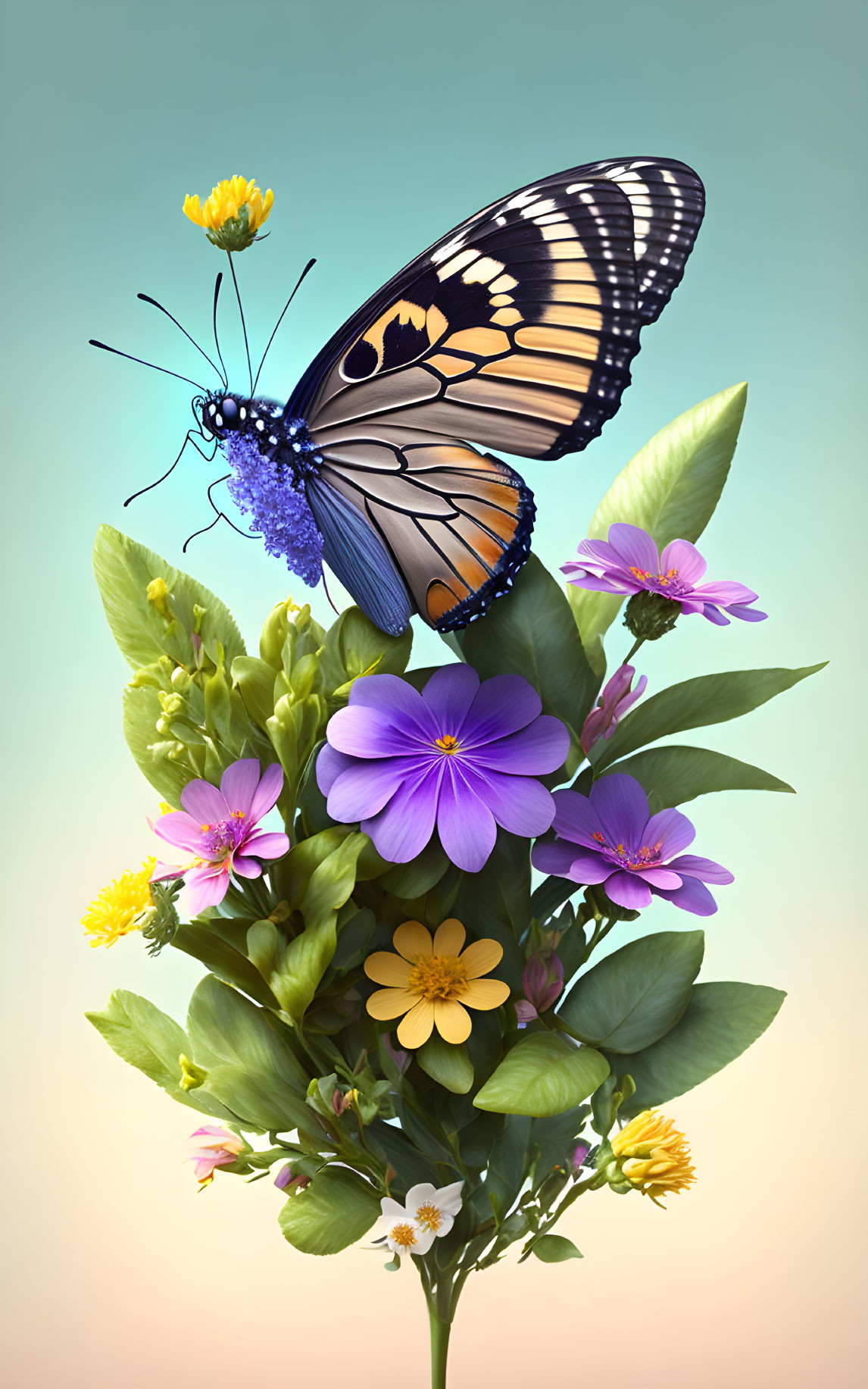 Colorful Butterfly Resting on Purple Flowers with Gradient Background