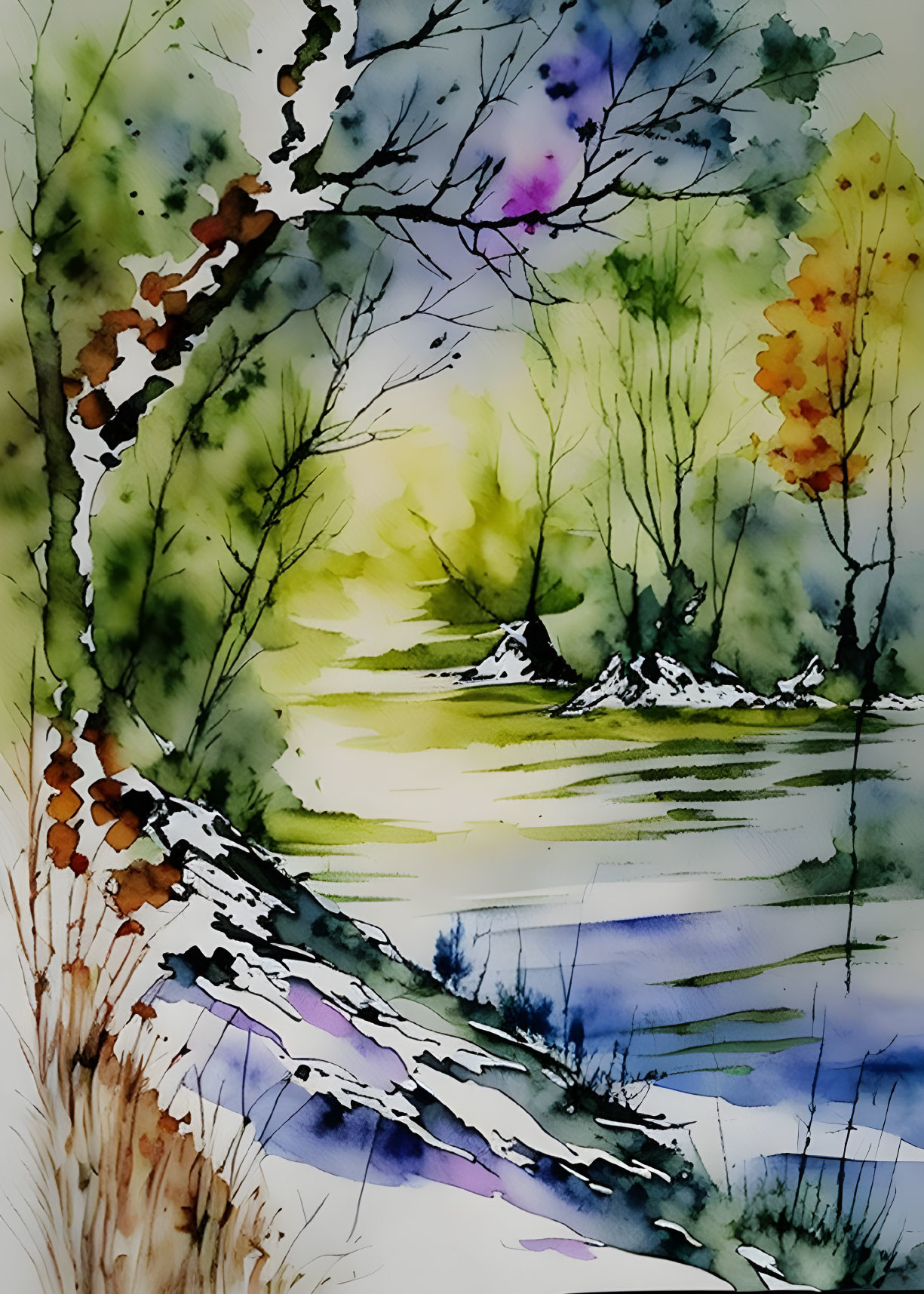 Tranquil nature scene with trees and water reflections in vibrant watercolor.