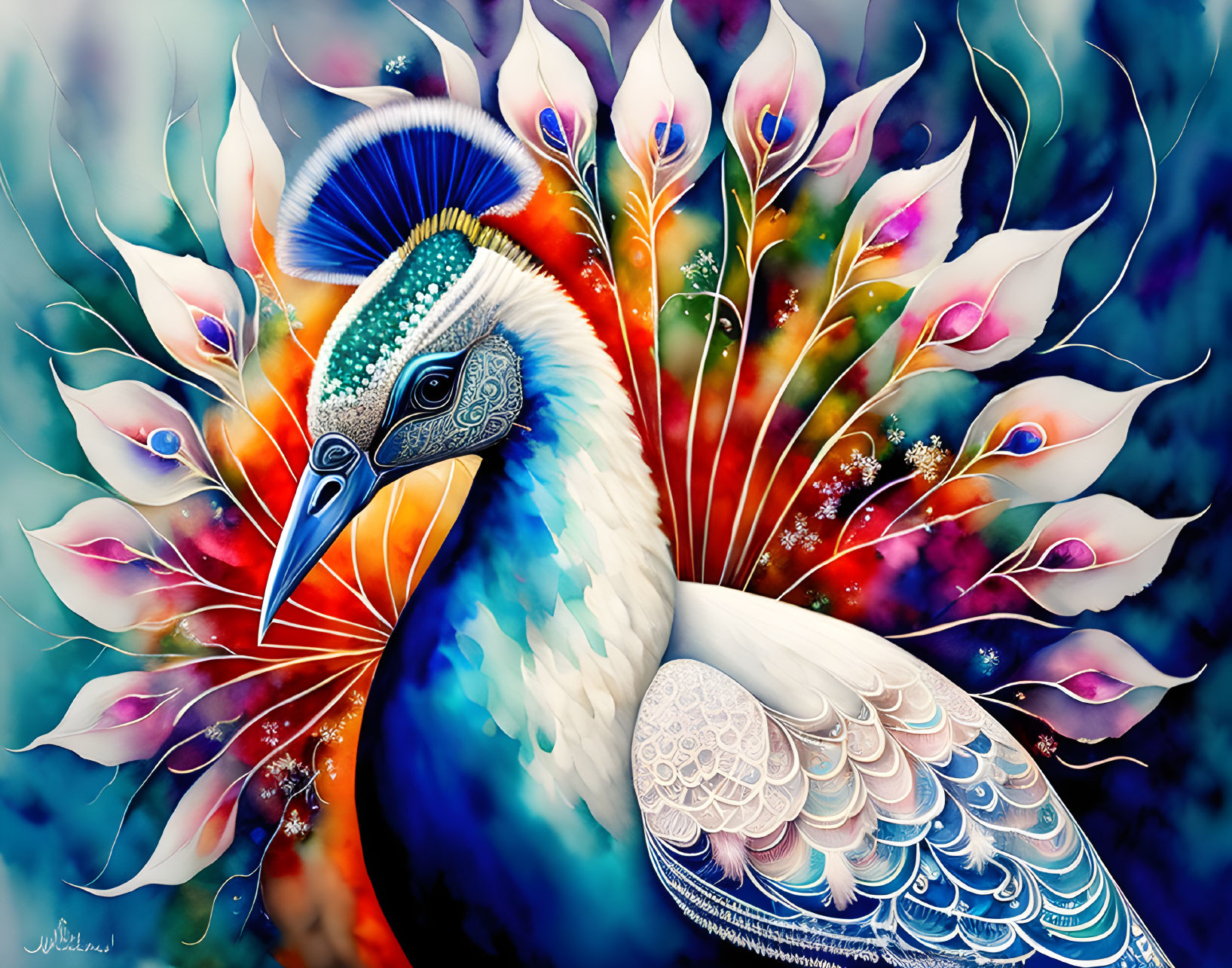 Colorful peacock illustration with flamboyant tail and intricate patterns