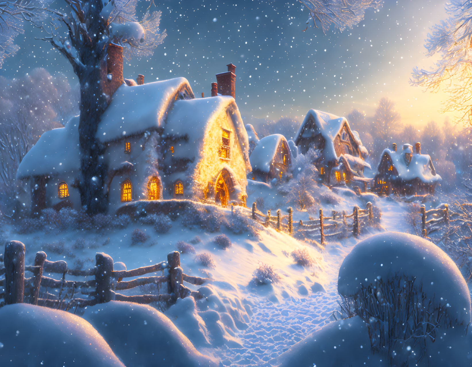 Snow-covered village with warmly lit cottages in tranquil snowy twilight