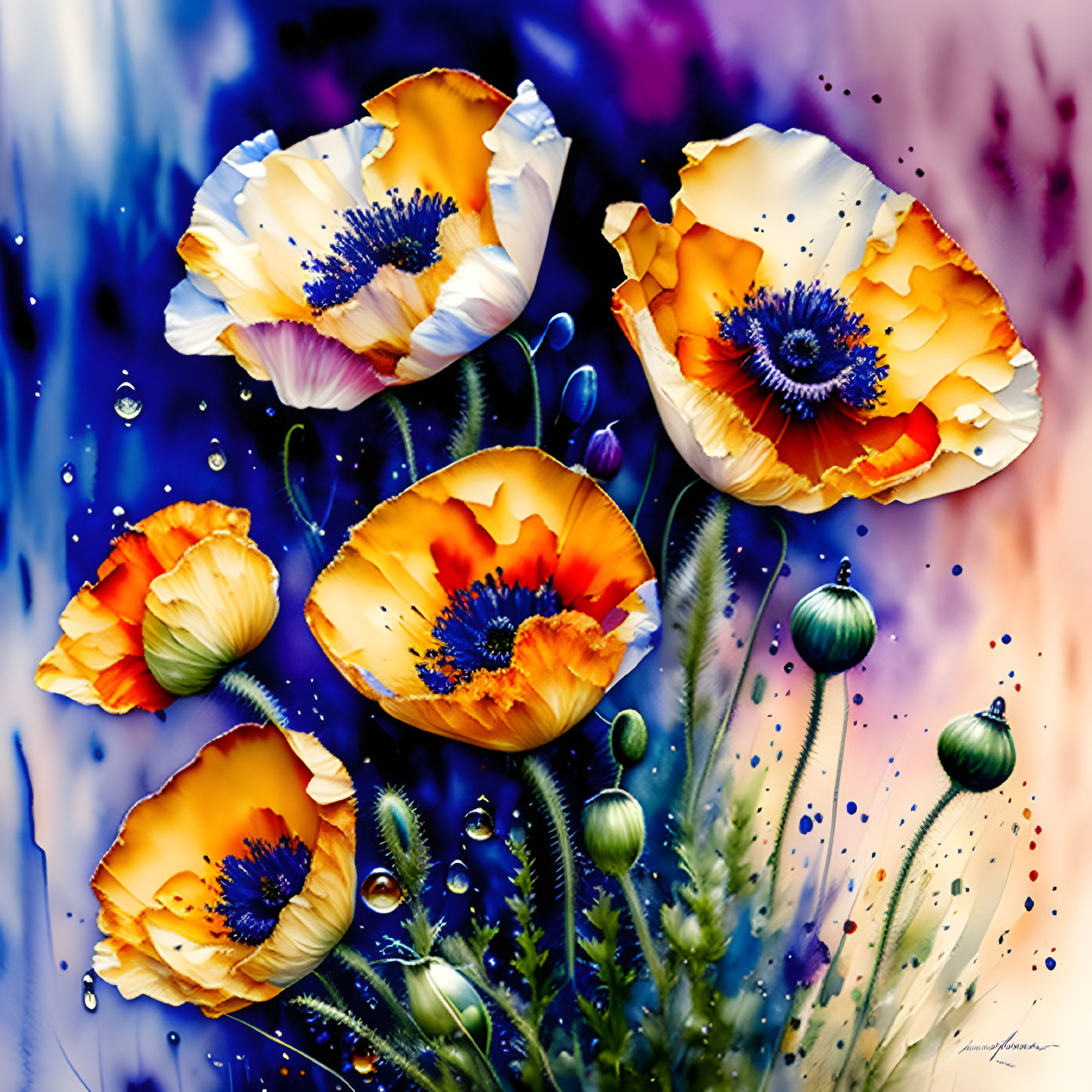 Vibrant poppies in blue, white, and orange with water droplets on painted background