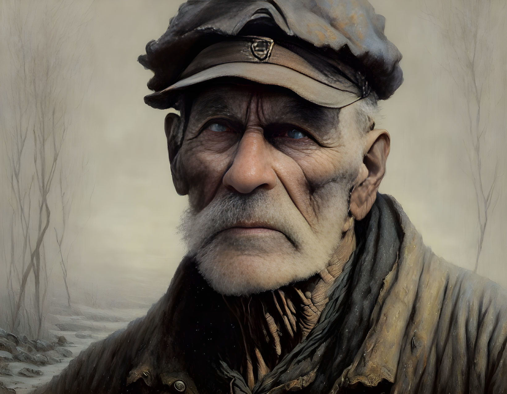 Elderly man with weathered skin and cap badge in solemn expression against bare trees