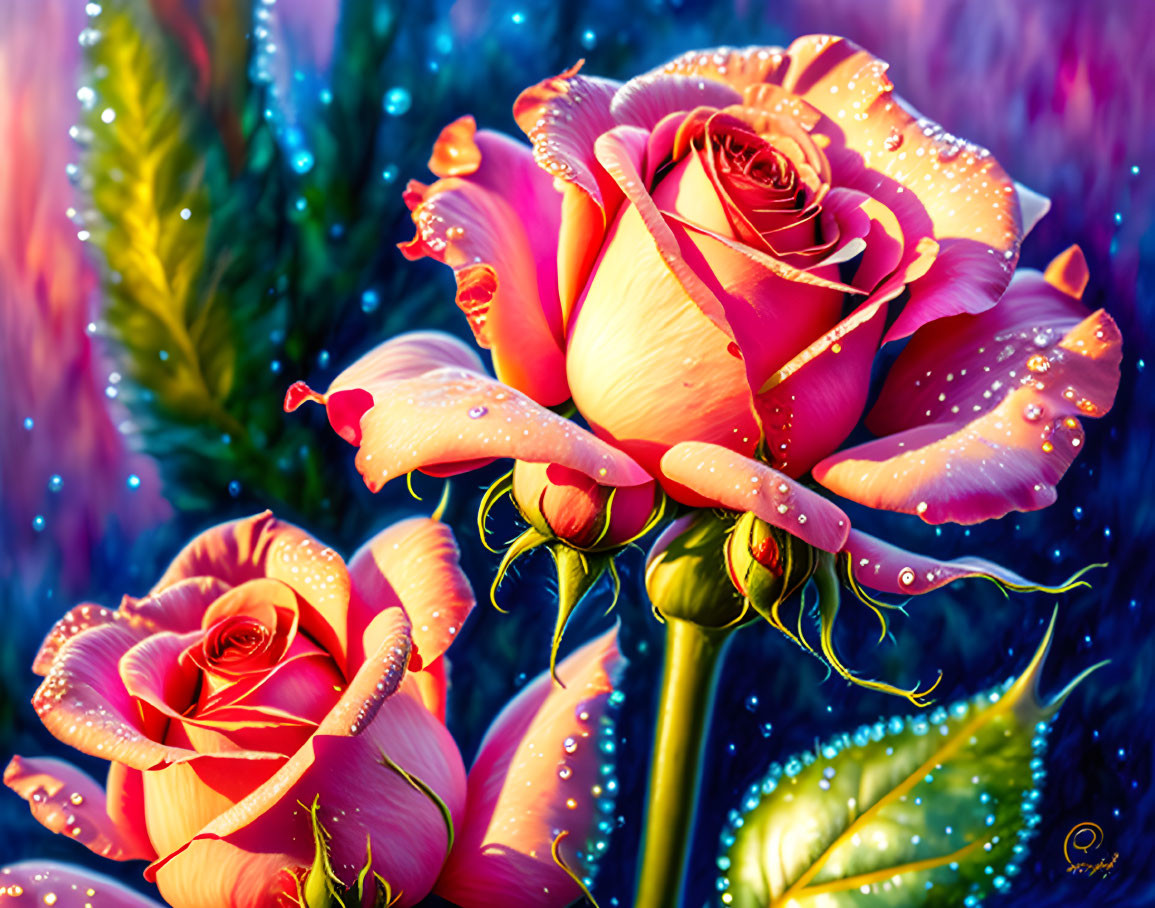 Colorful digital artwork featuring dew-kissed pink roses in lush greenery