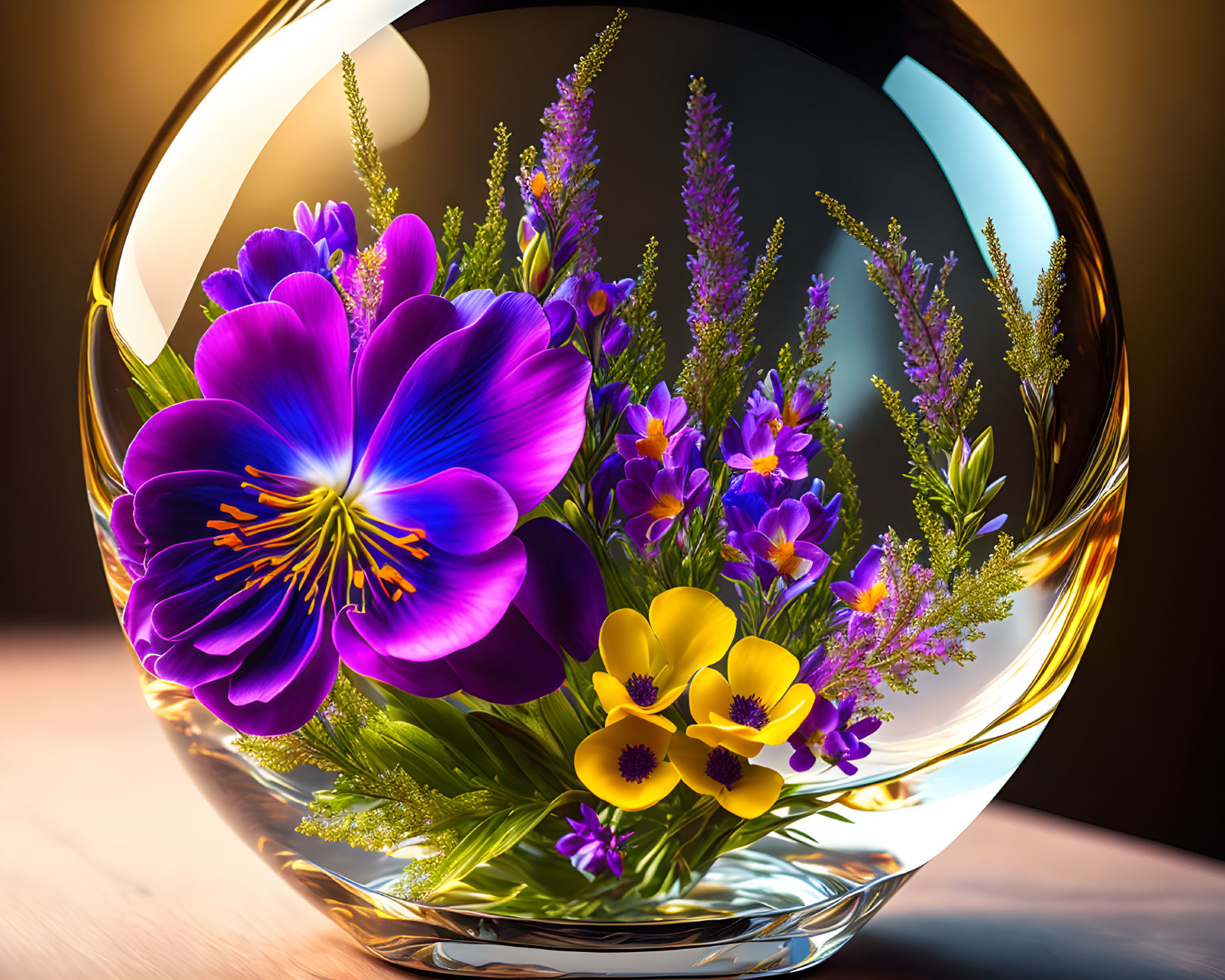 Purple and Yellow Flowers in Transparent Spherical Vase