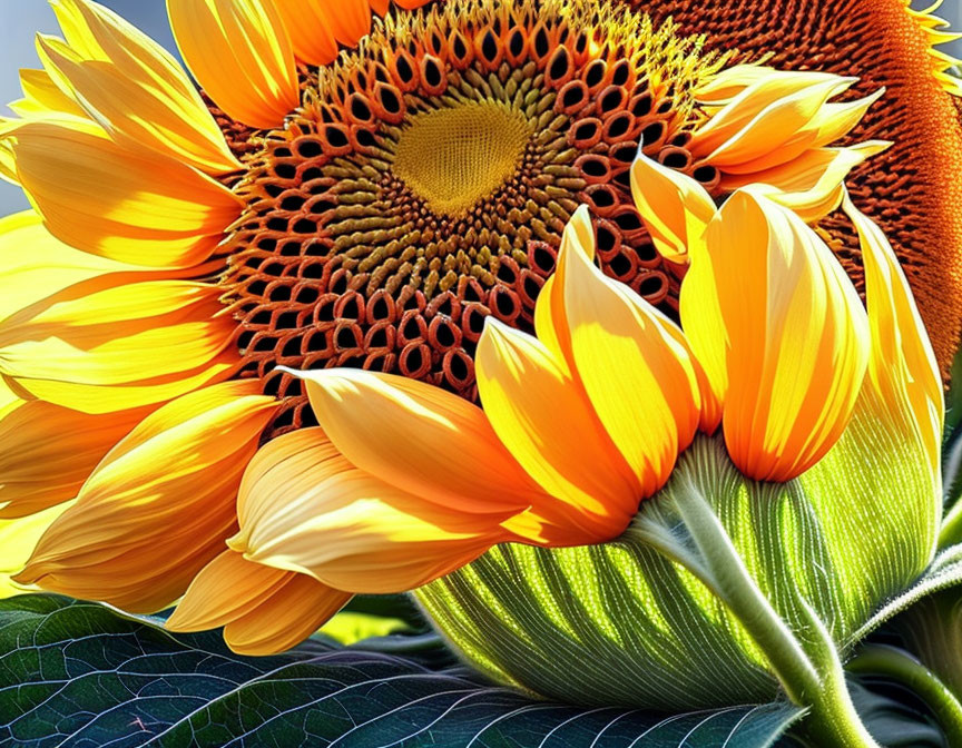 Vibrant sunflower close-up with yellow petals and seed-filled center on blue sky.