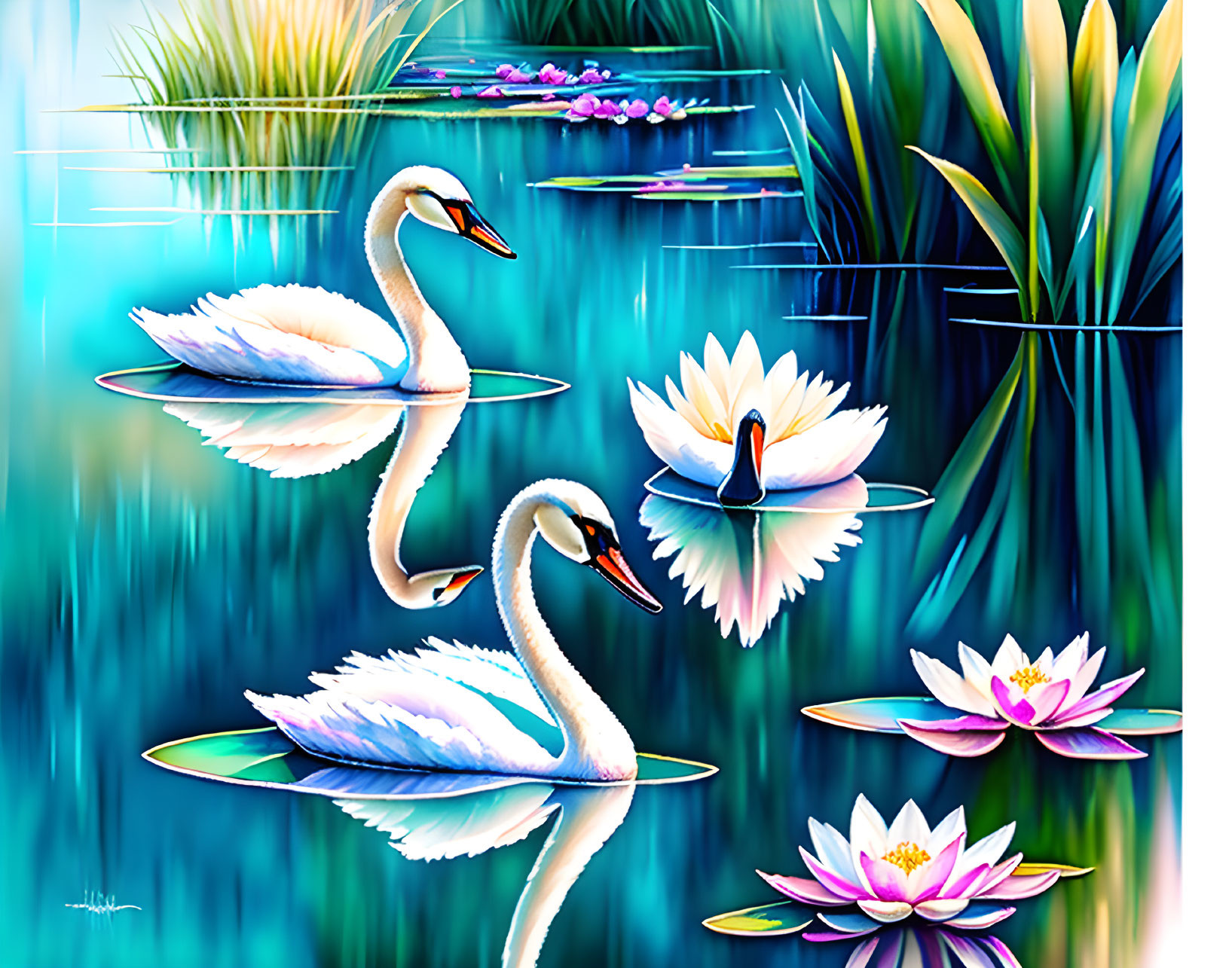 Graceful swans on tranquil pond with water lilies and lush greenery