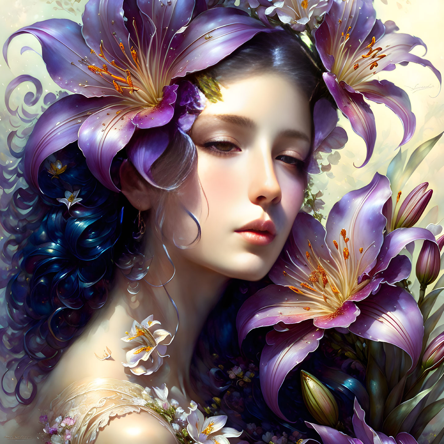 Digital Artwork: Pale-skinned woman with vibrant purple lilies and deep blue hair