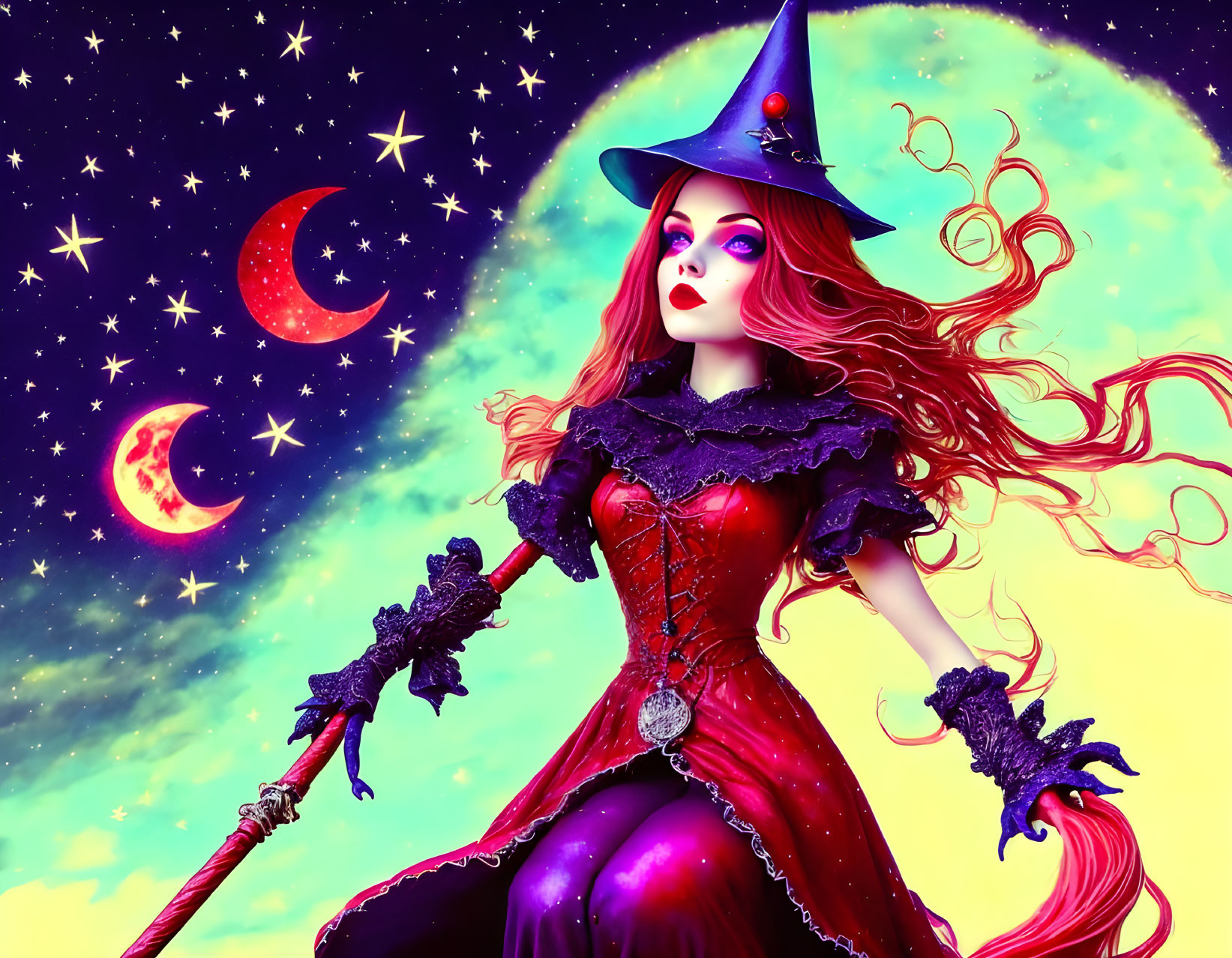 Stylized witch with red hair, purple hat, and wand on moonlit background