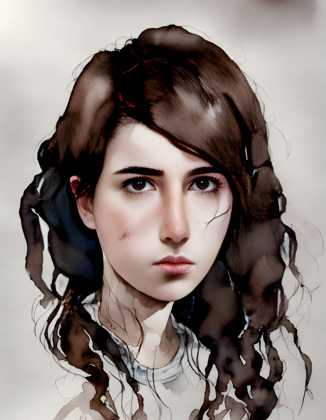 Realistic portrait of young woman with brown hair and serious expression