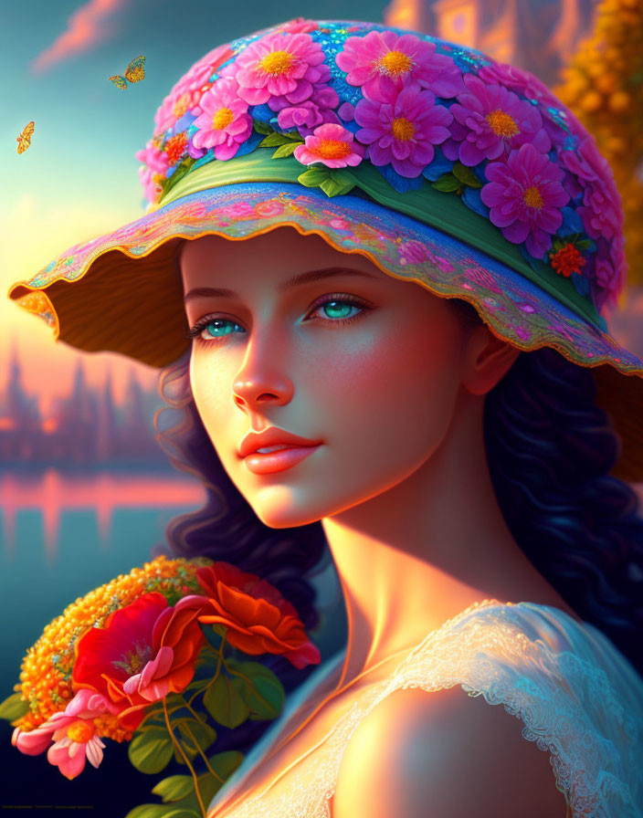 Portrait of woman with fair skin, blue eyes, floral hat, butterflies, and fantasy backdrop