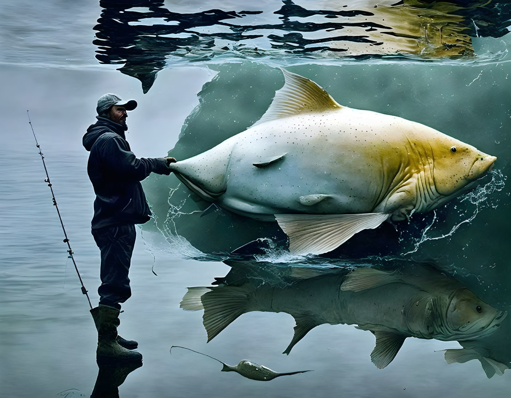 Man fishing with huge fish beside him in serene and surreal scene