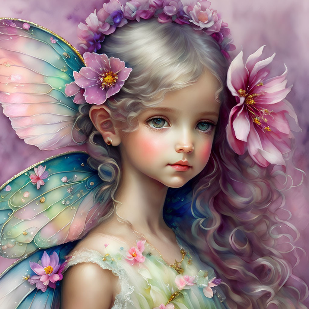 Fantasy illustration of young girl with butterfly wings and floral crown