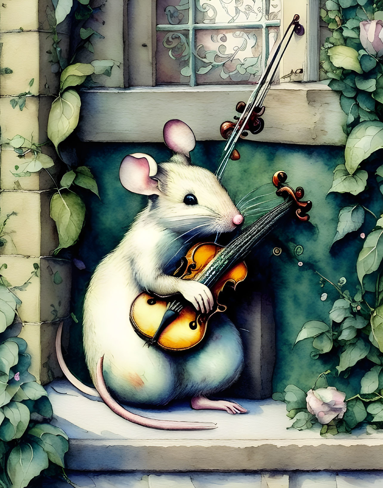 Mouse playing cello in cozy floral nook