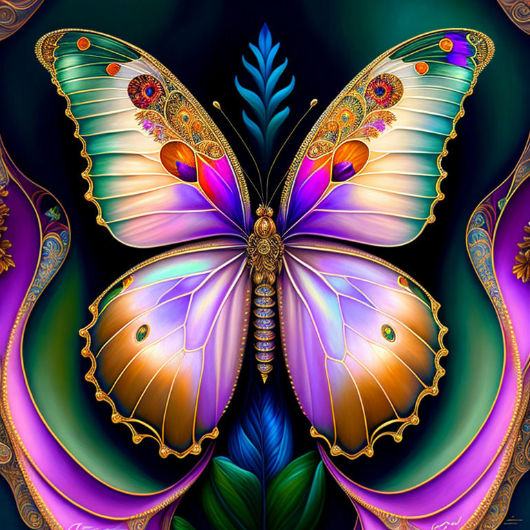 Symmetrical butterfly digital art in purple, orange, and blue with peacock feather motifs