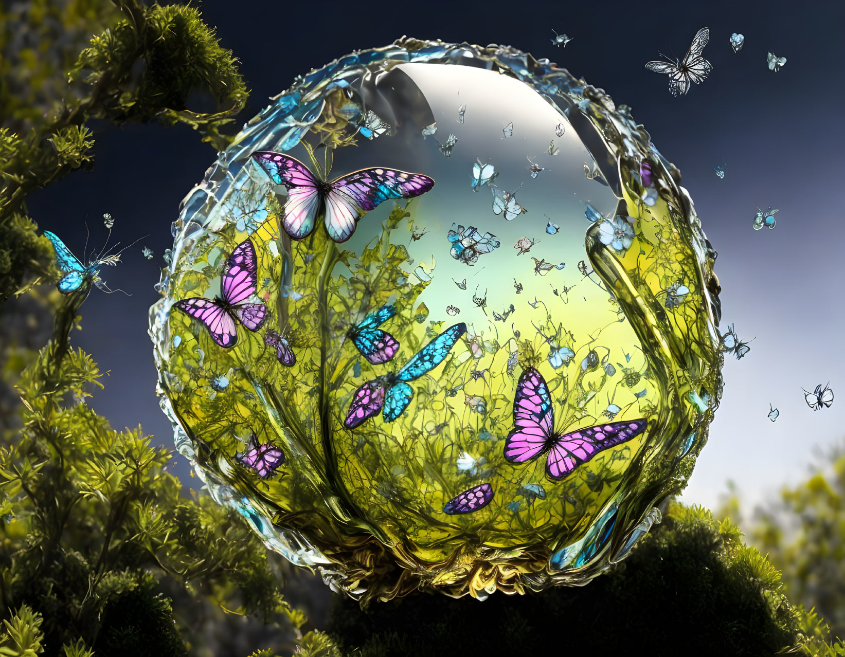 Colorful butterfly ecosystem in translucent bubble amid nature.