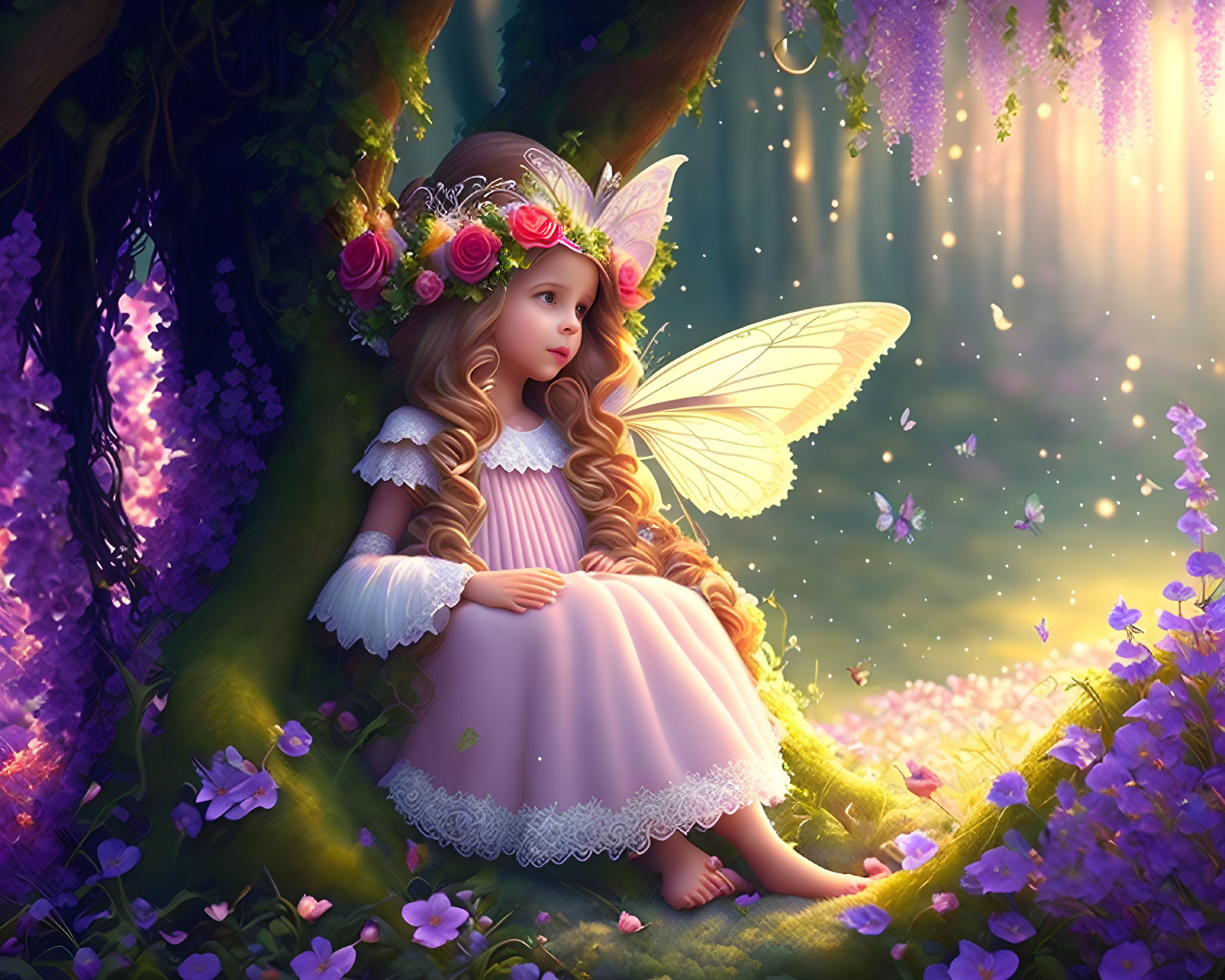 Young girl with wings in fairy costume near tree and purple flowers in soft, magical light