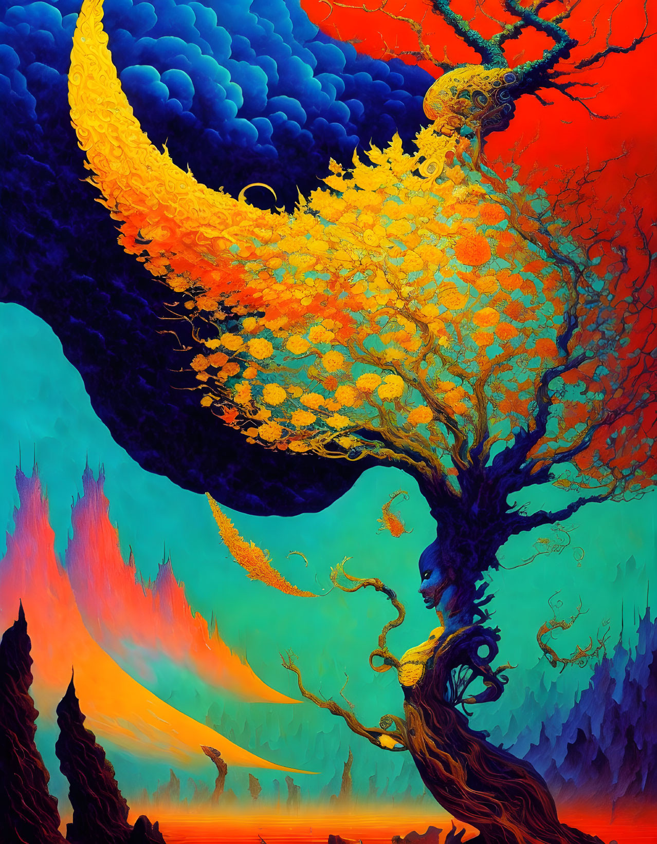 Surreal artwork: Woman's face on tree with flame-like canopy