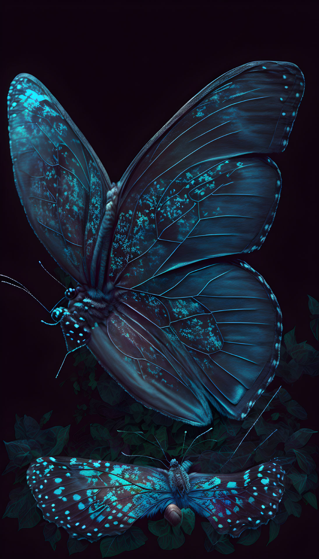 Luminous blue butterflies with intricate wing patterns on dark background