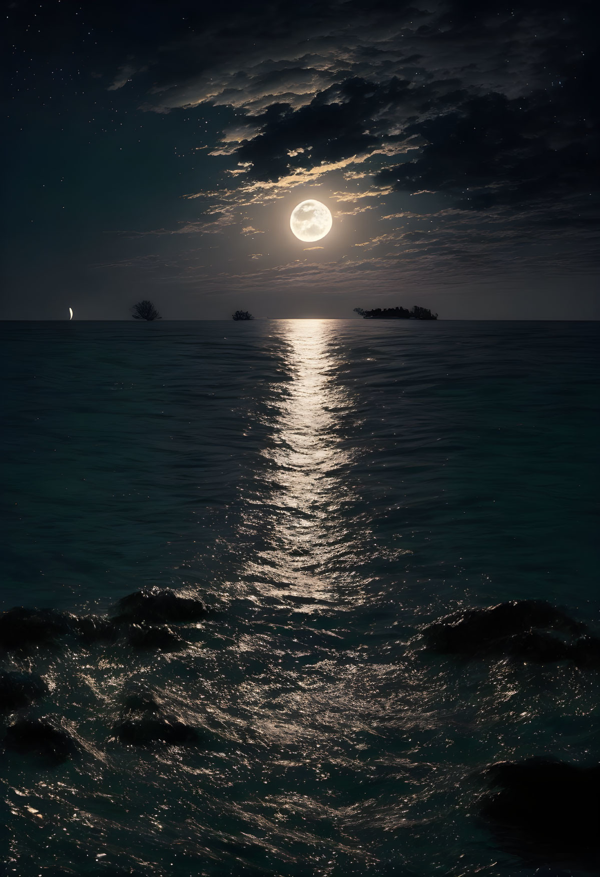 Moonlit Sea with Full Moon Reflection on Water & Starry Sky