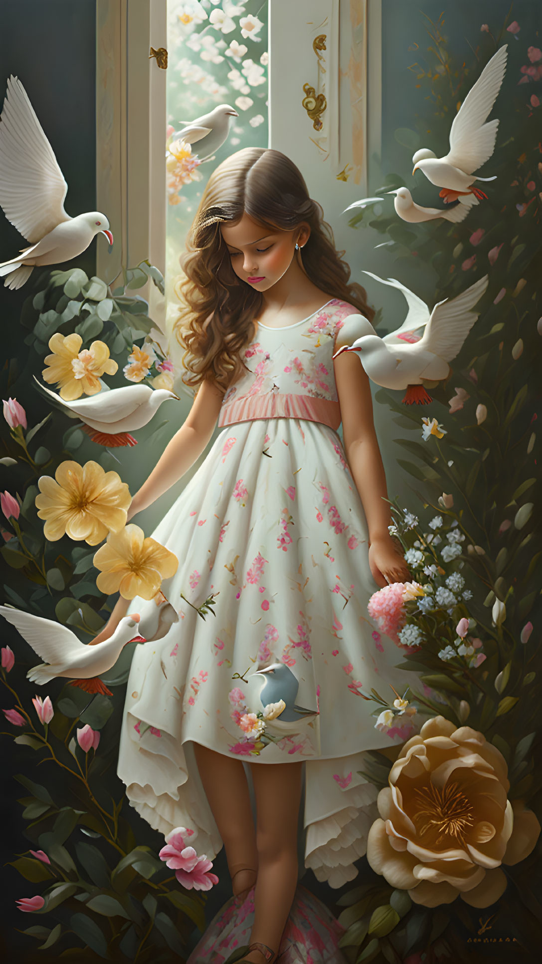 Young girl in floral dress surrounded by flowers and doves in serene setting