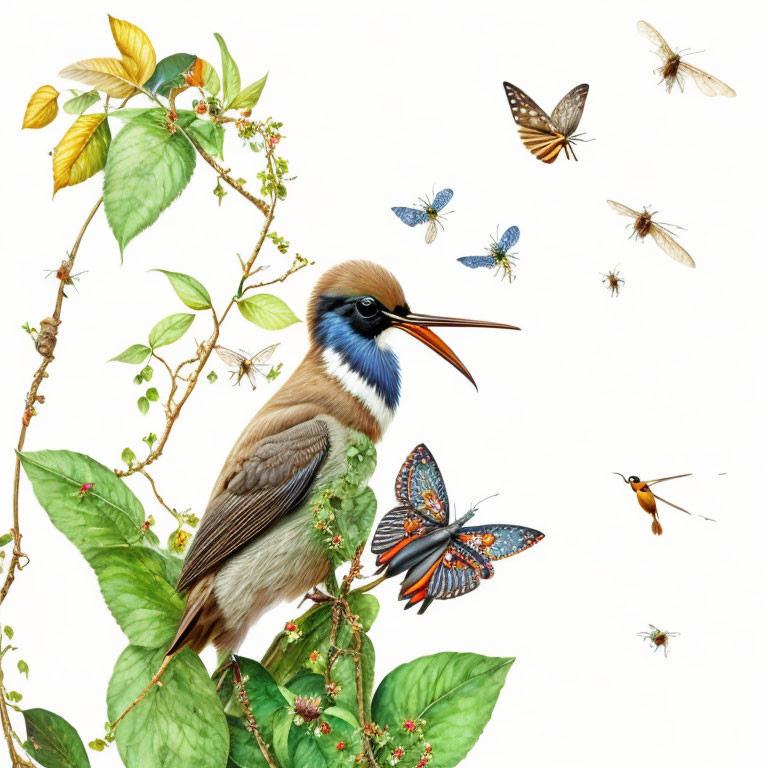 Detailed Bird Perched on Branch with Insects and Butterflies