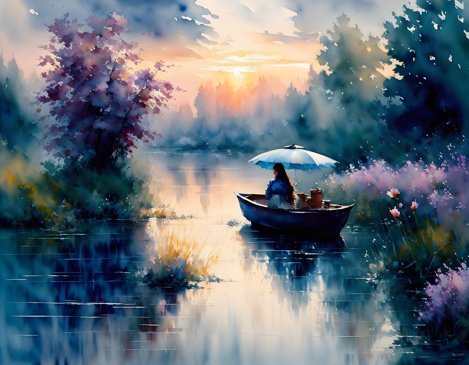 Person with Umbrella in Boat Surrounded by Blossoming Flora on Serene Waterbody at D