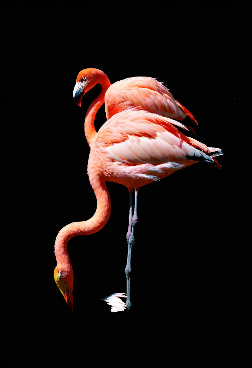 Colorful flamingo on one leg against black background