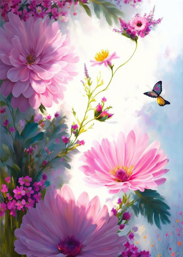 Pink blooms, greenery, and butterfly in soft background