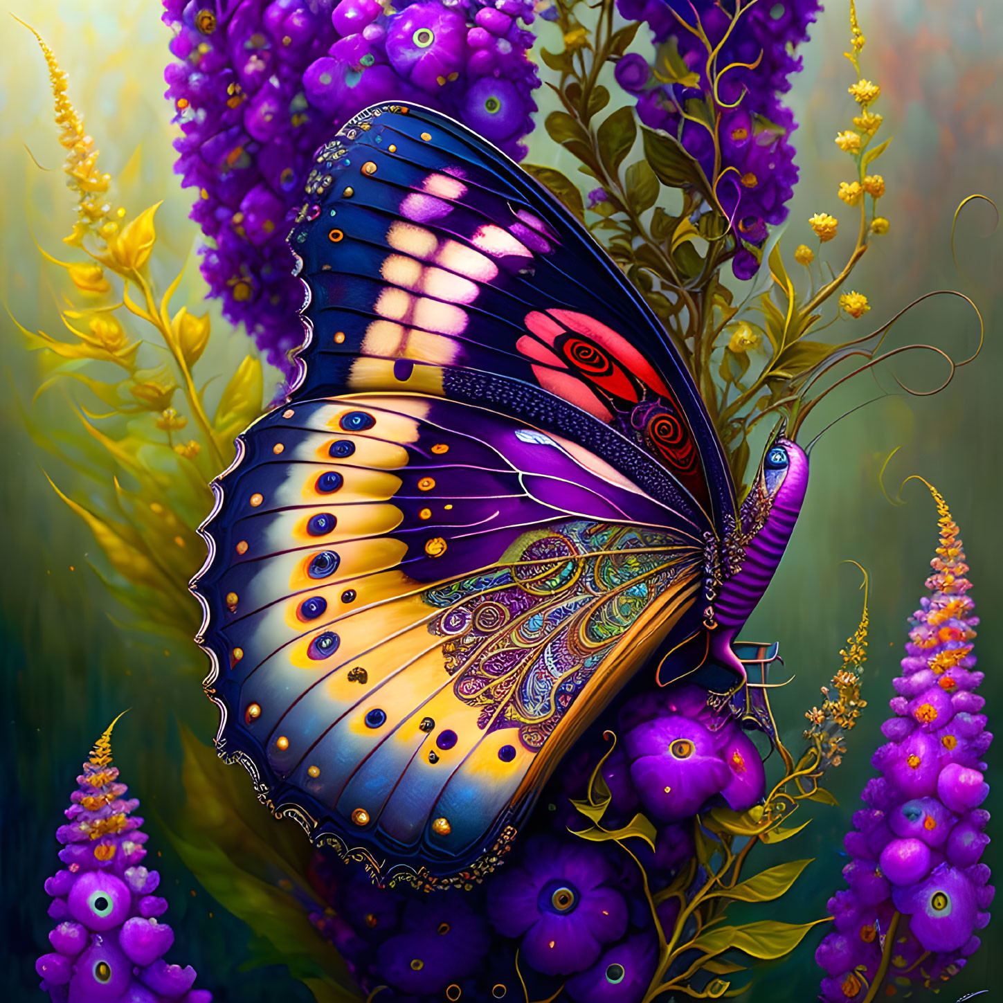 Colorful Butterfly Illustration Perched on Purple Flowers