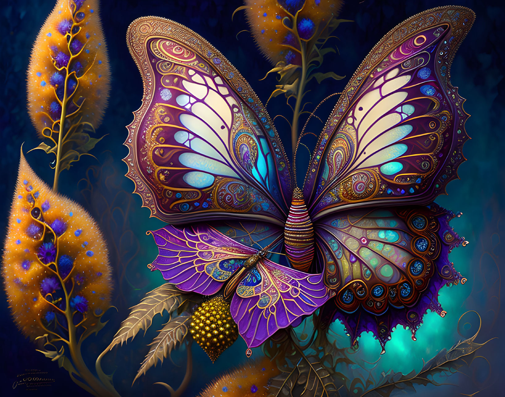 Colorful fantastical butterfly on foliage in digital art