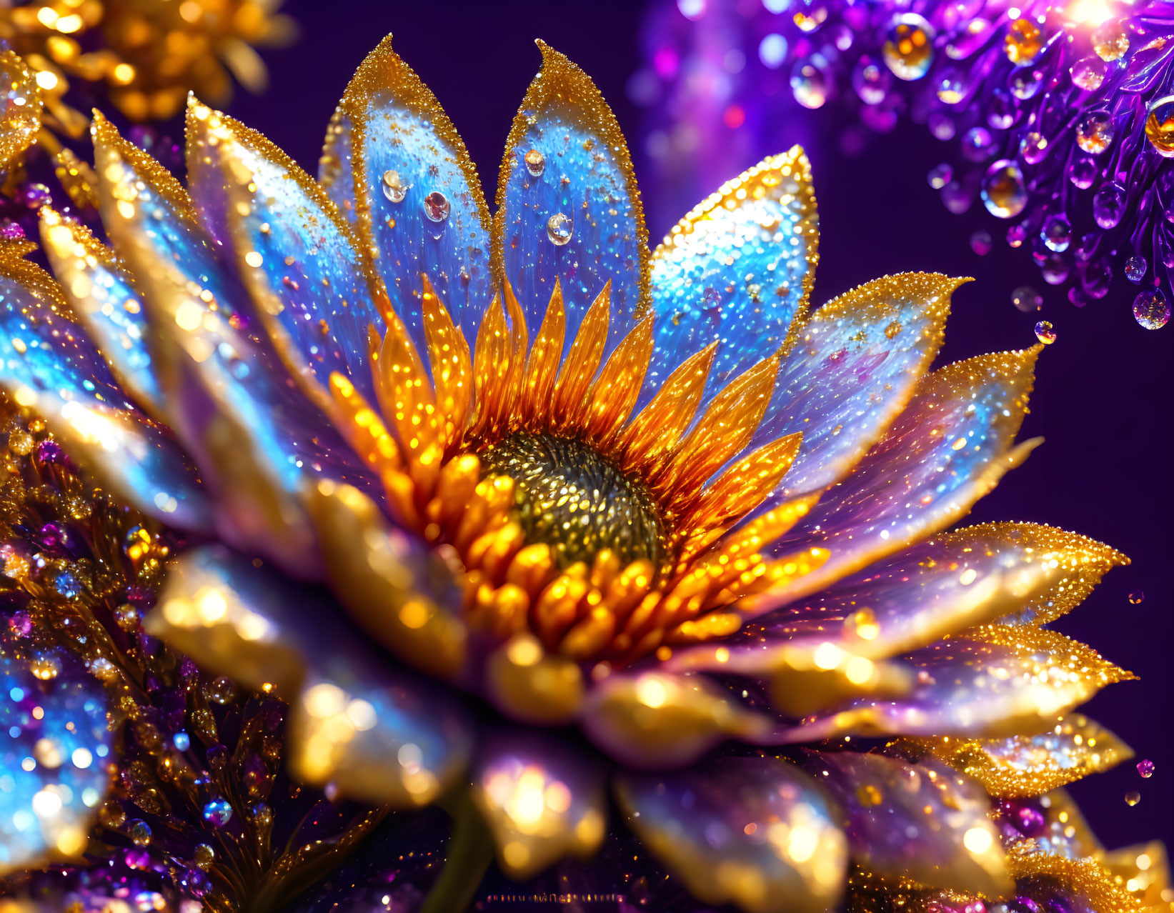 Close-up Dew-Covered Flower with Purple and Golden Background