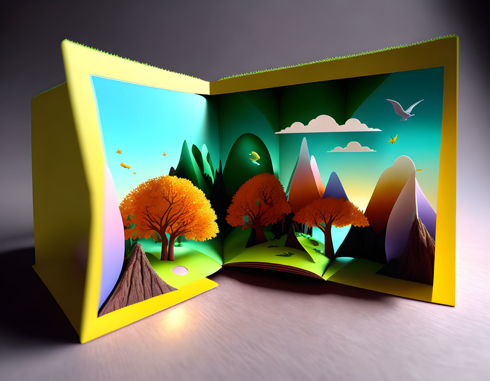 Vibrant autumn pop-up book scene with colorful trees and mountains