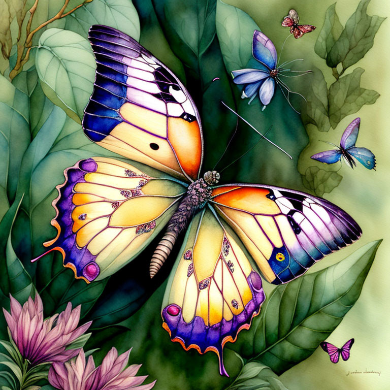 Detailed Yellow and Black Butterfly Illustration with Leafy Background