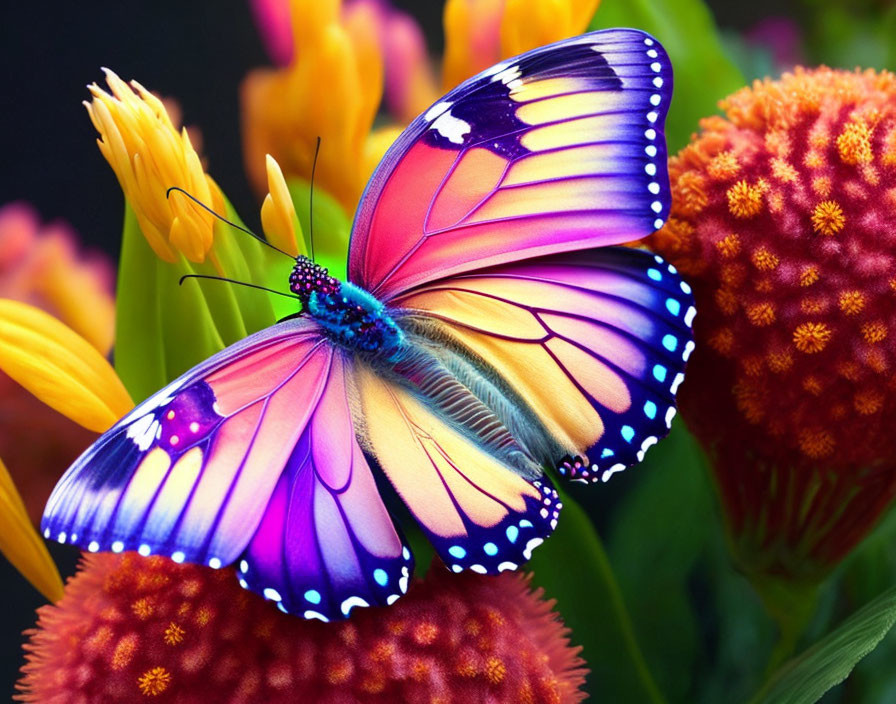 Colorful Butterfly Resting on Red Flower Against Dark Background