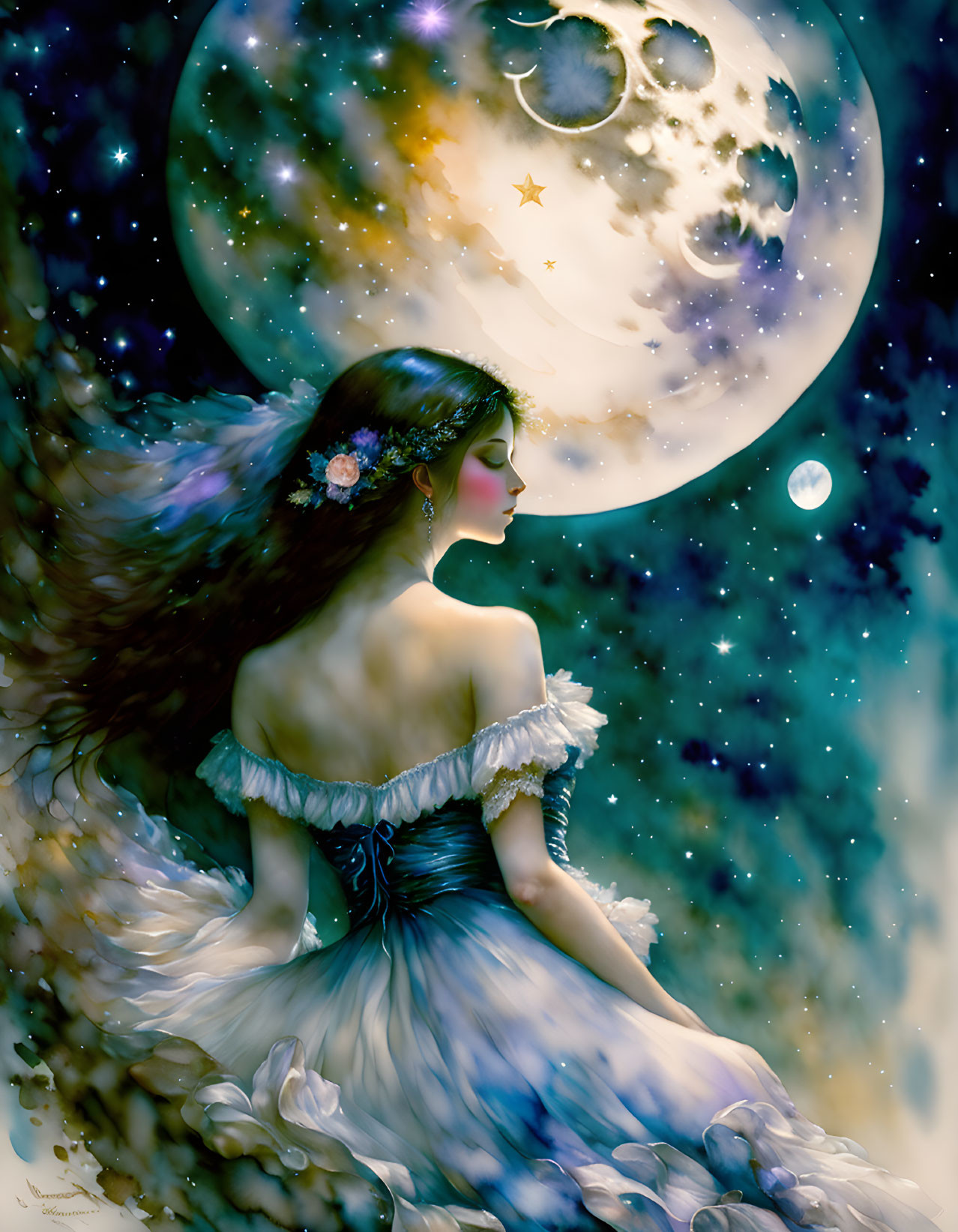 Fantastical artwork of winged woman under luminous moon