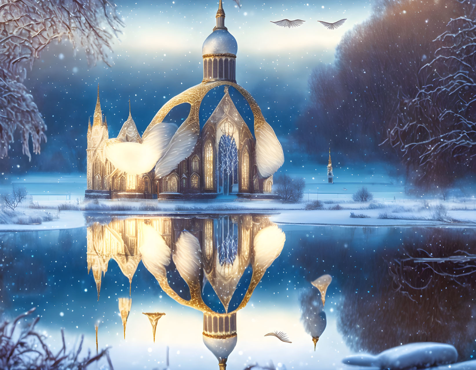 Snow-covered trees and cathedral reflected in icy river at twilight