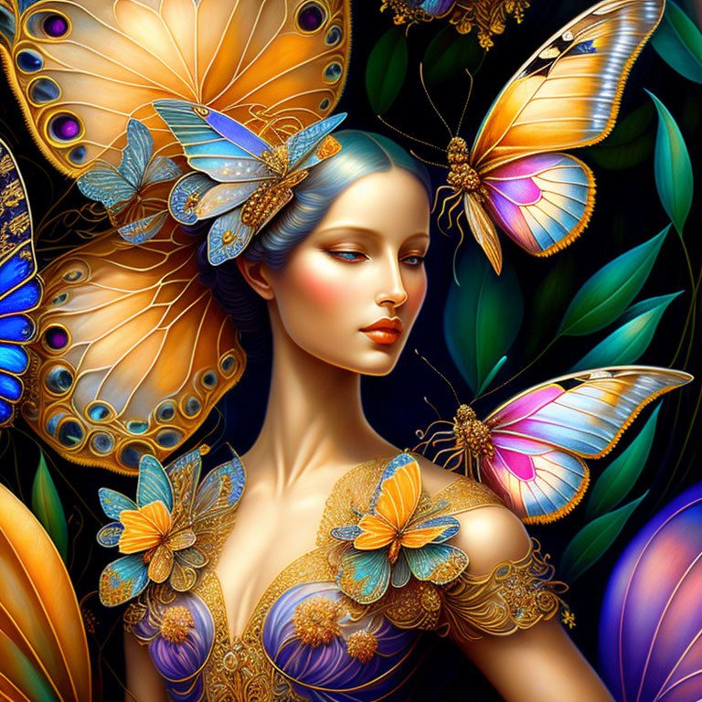 Digital artwork featuring woman with blue hair and vibrant butterflies, leaves, and golden floral patterns.