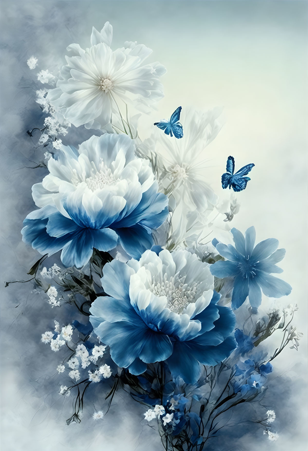 Blue and White Flower and Butterfly Scene on Misty Background