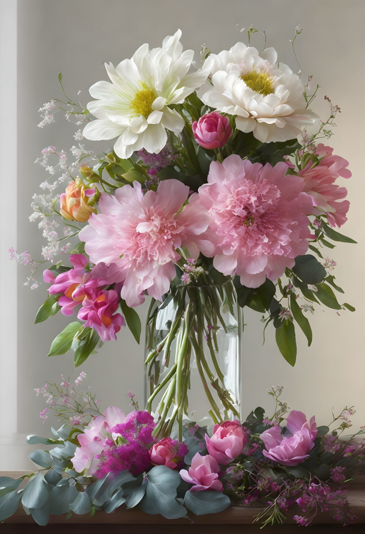 Colorful Flower Bouquet in Clear Vase with Petals and Leaves