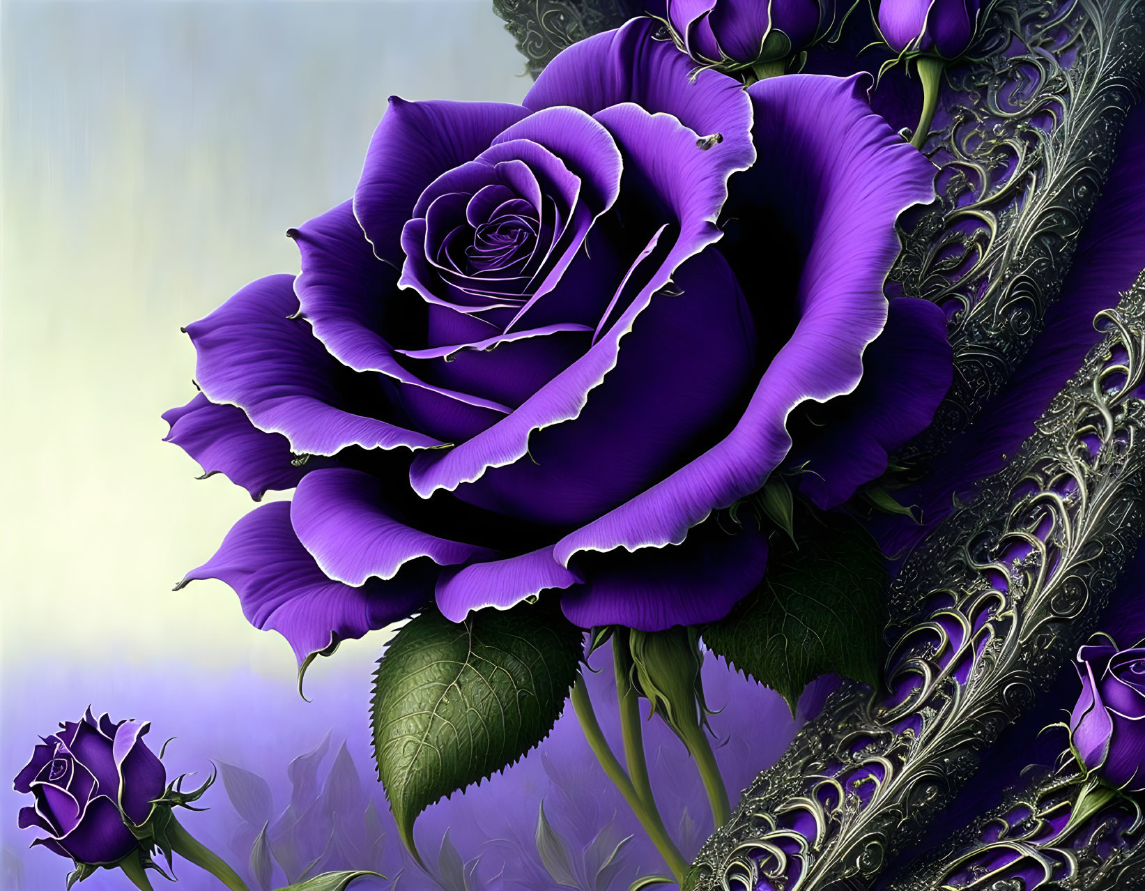 Detailed digital artwork: Large purple rose with white edges, surrounded by smaller roses and elegant dark patterns