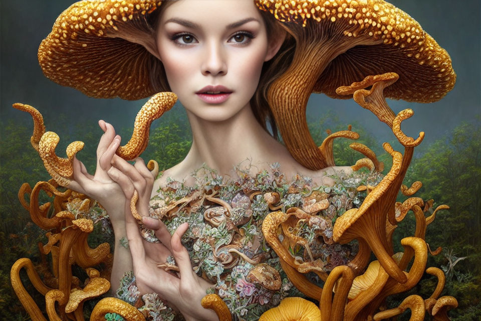 Intricate Earthy Tones and Mushroom Headpiece Artwork