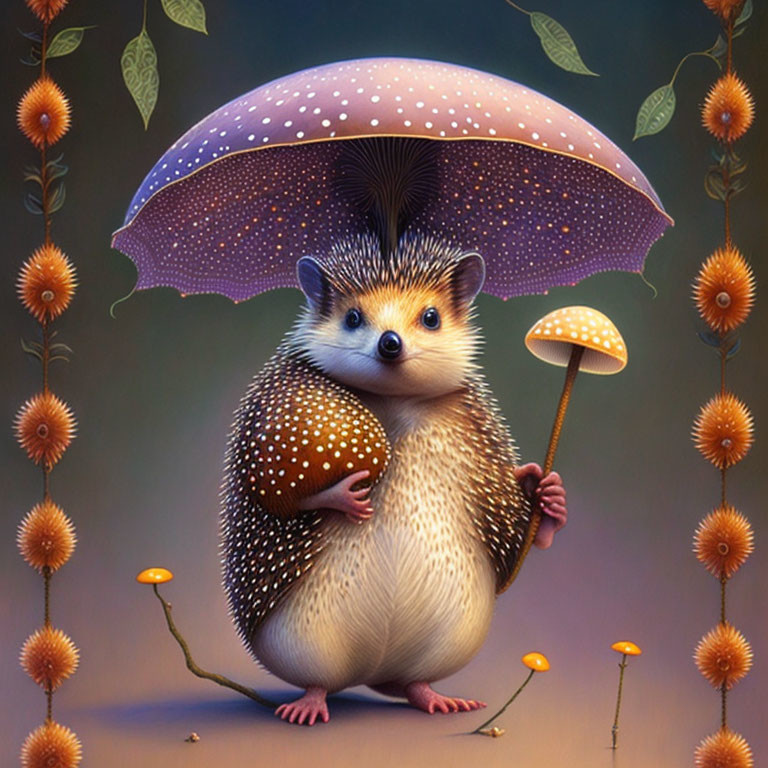 Illustrated hedgehog under umbrella with mushroom in foliage landscape