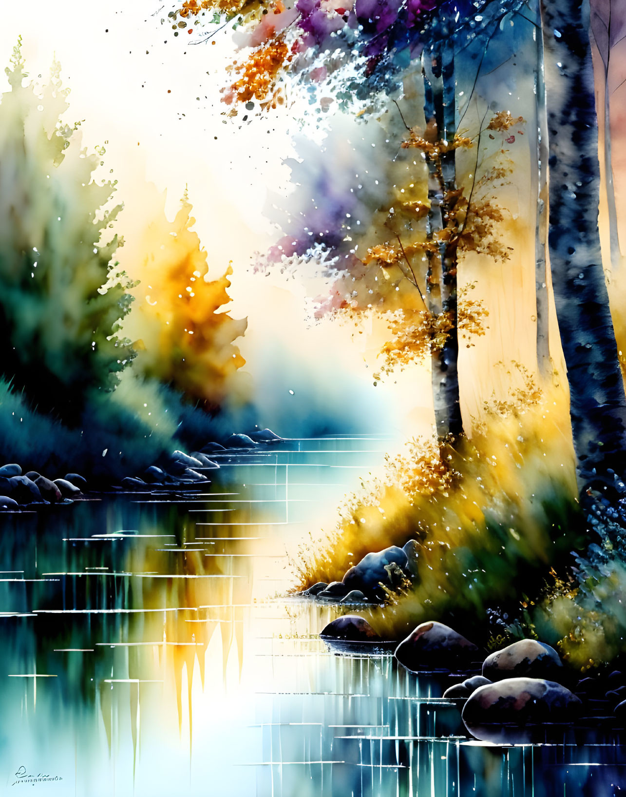 Serene lakeside scene with autumn trees in watercolor